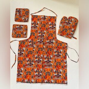 African Print Ankara Handmade Kitchen Apron, Oven Mitt, and Potholder Set